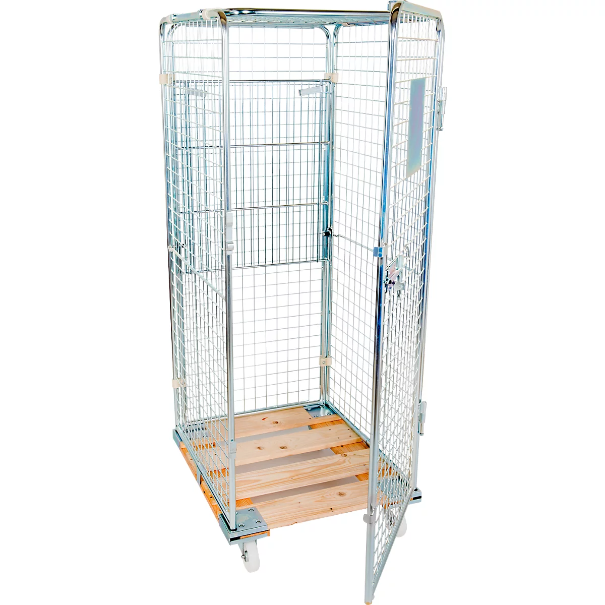 Metal mesh cart with wooden floor, open door, and wheels.