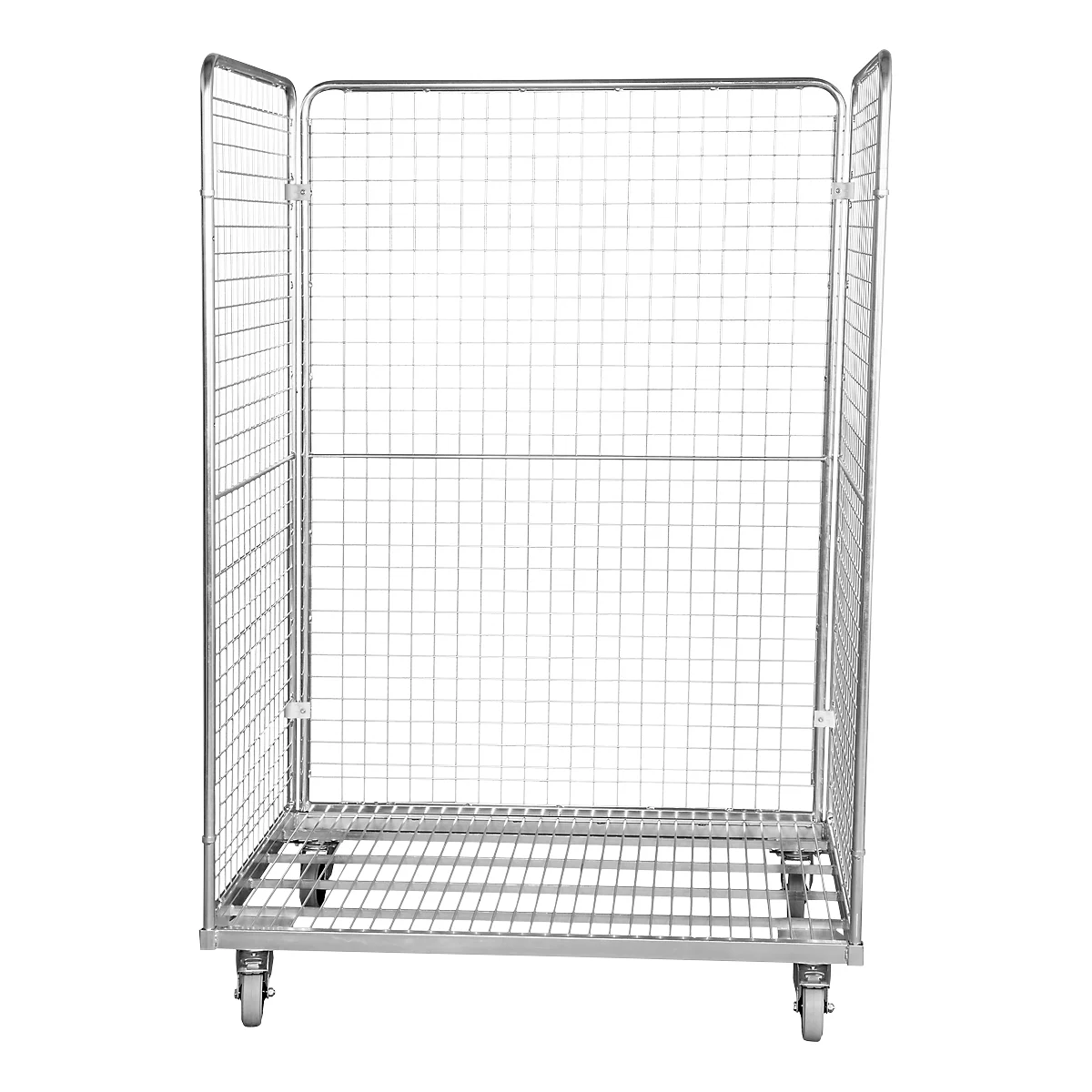 Chariot grillagé métallique avec roues. Le chariot est vide et présenté sur fond blanc.
