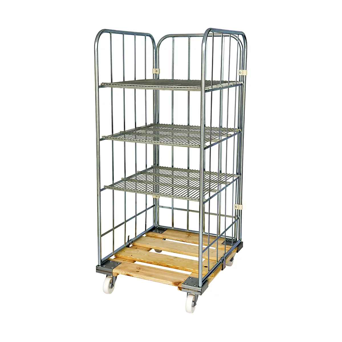 Chariot métallique avec trois étagères grillagées et des roues. Le chariot est posé sur une palette en bois.