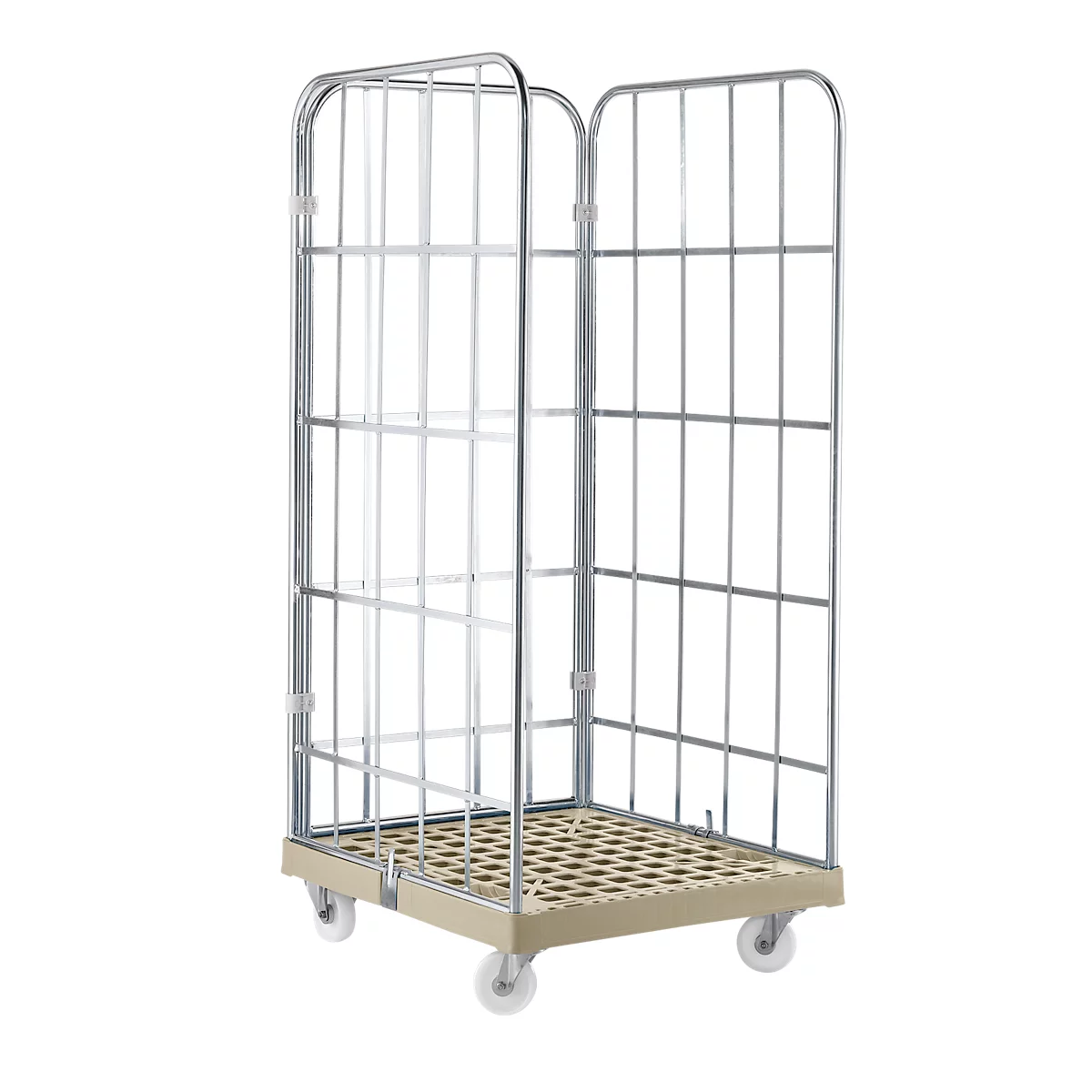 Chariot roulant avec parois grillagées, sur une plateforme beige-brun et quatre roues. Les grilles sont argentées.