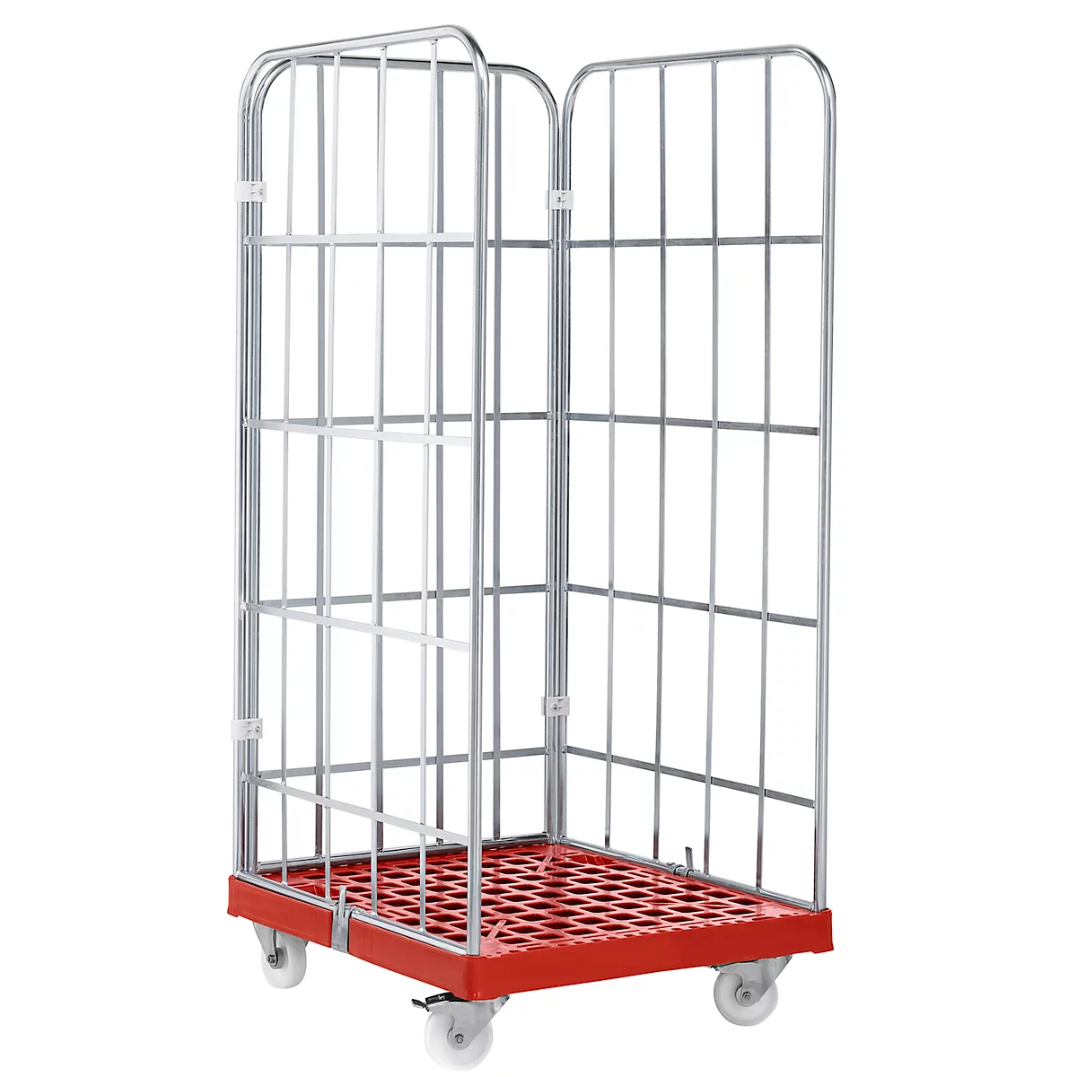 Chariot roulant en métal avec parois grillagées et base rouge. Quatre roues en bas.