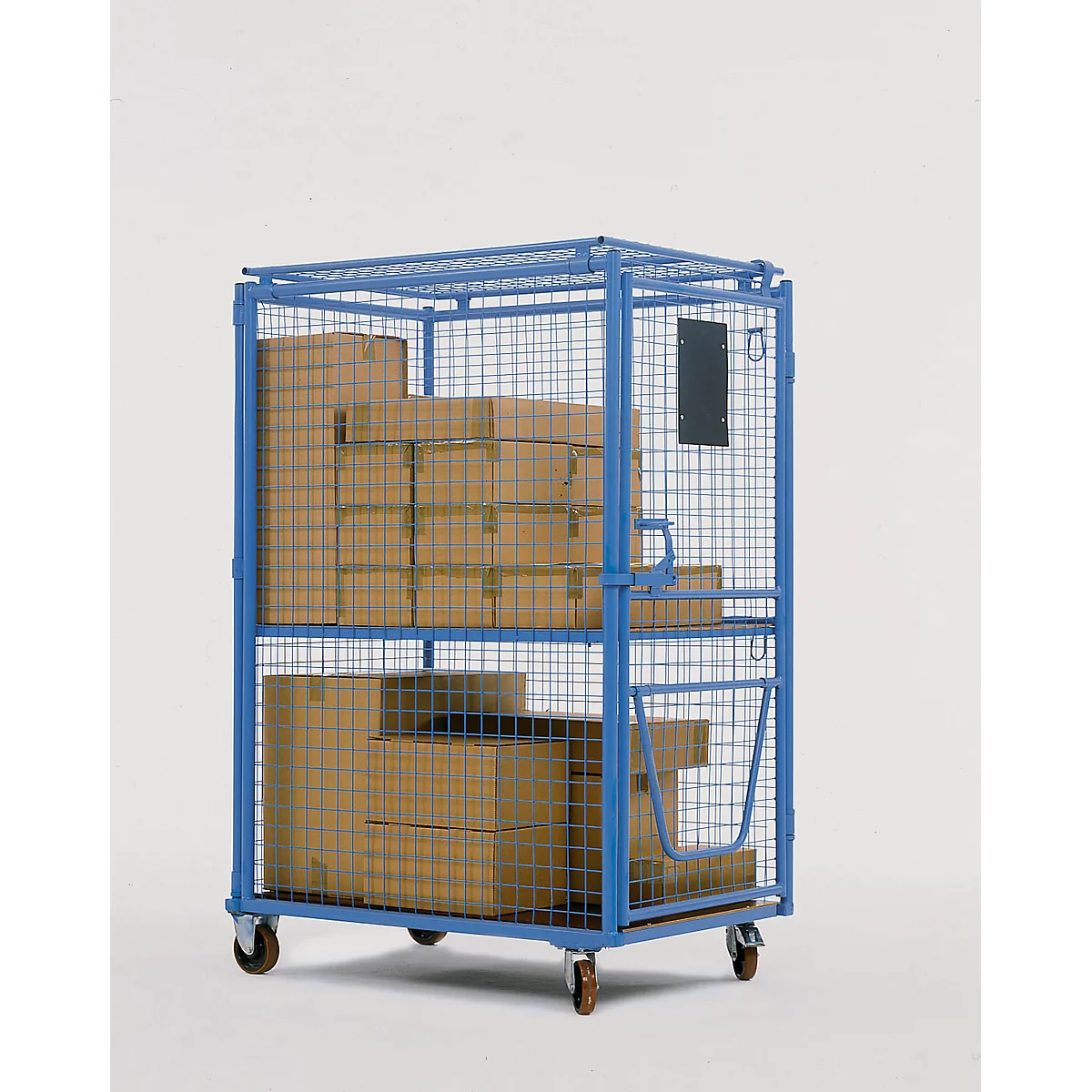 Chariot roulant bleu avec parois grillagées, rempli de cartons. Sur roues, pour le stockage en entrepôt.