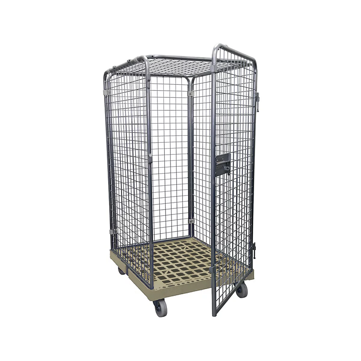 Chariot à cage grillagée, à moitié ouvert, avec des roues, sur fond blanc.