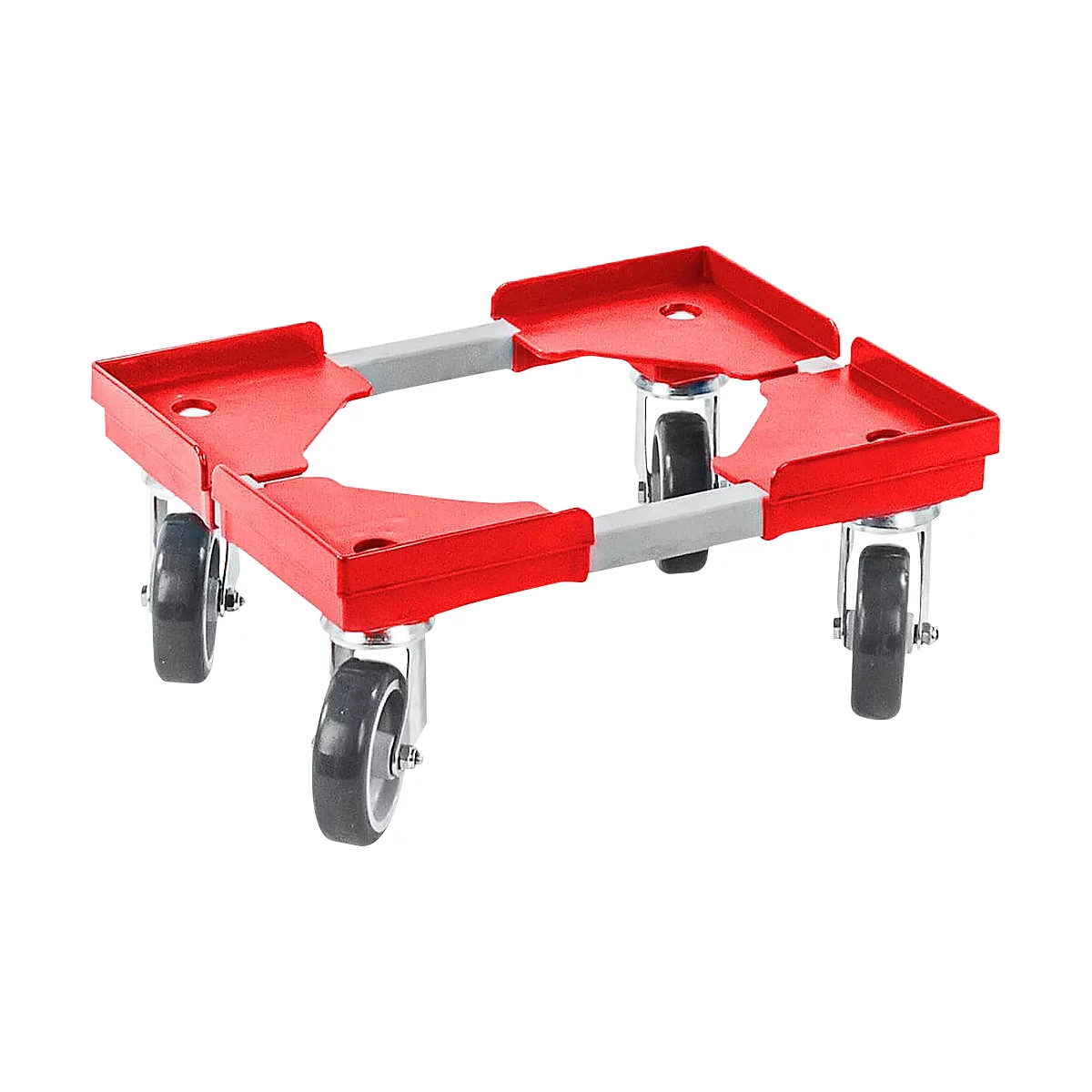 Roter Transportroller mit vier Rollen und silbernen Verbindungsstangen.