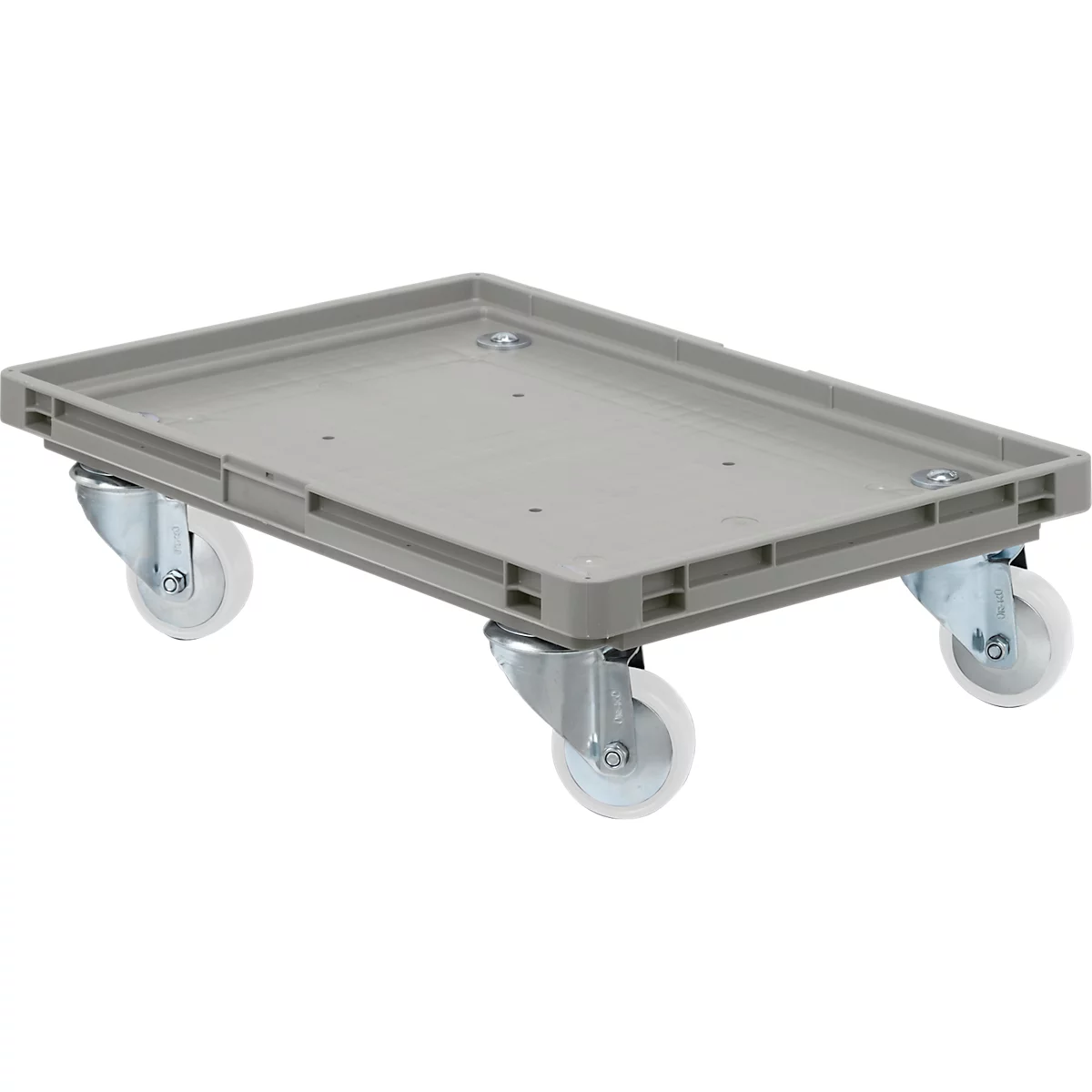 Grey plastic transport cart with four wheels, top view.