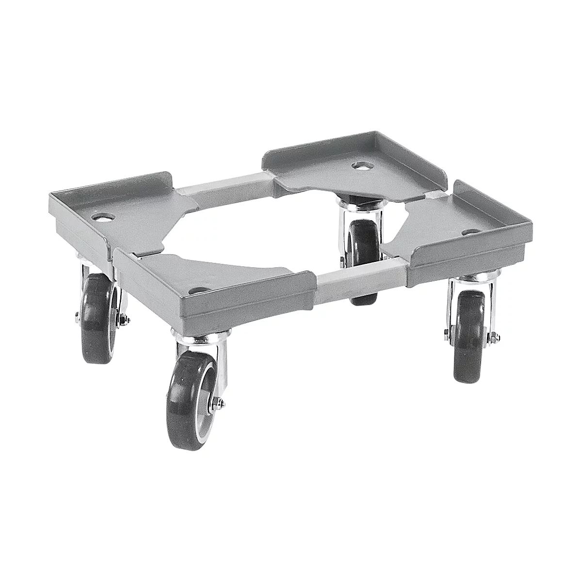 Gray furniture dolly with four wheels.