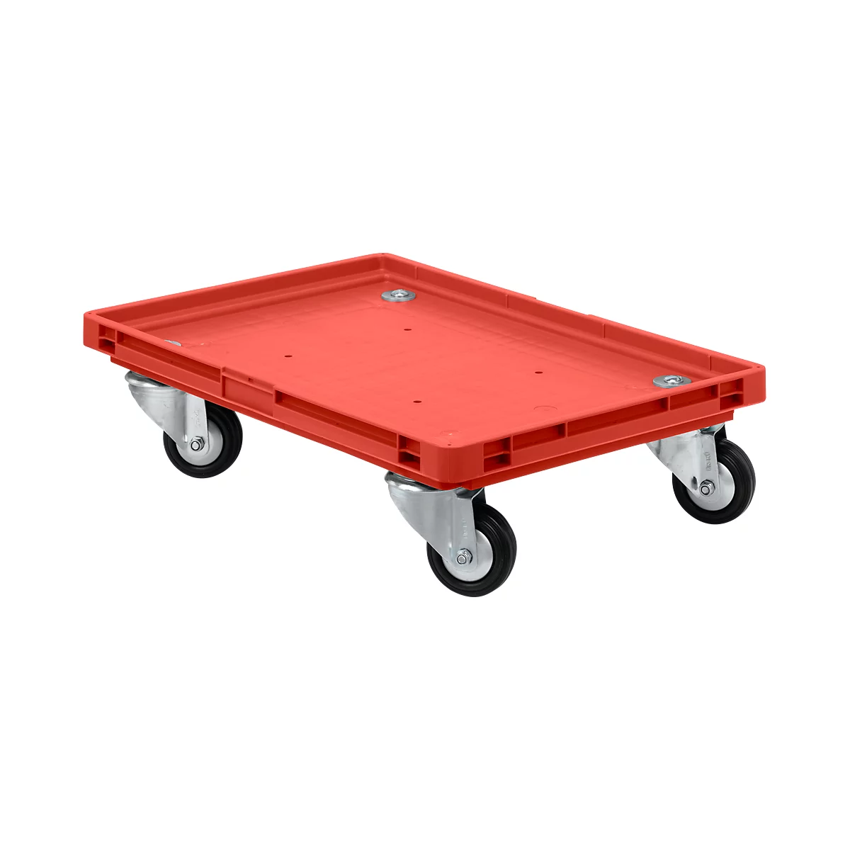 Carro de transporte rojo con ruedas. El área de carga tiene forma rectangular.
