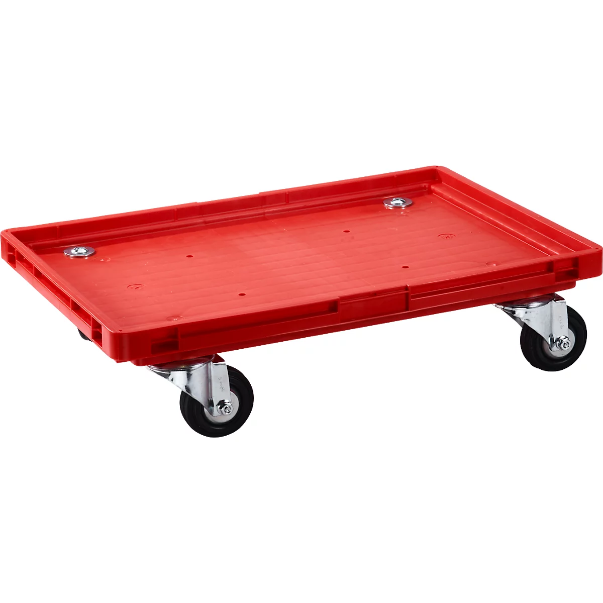 Red transport trolley with four wheels. Small holes for mounting are on the surface.