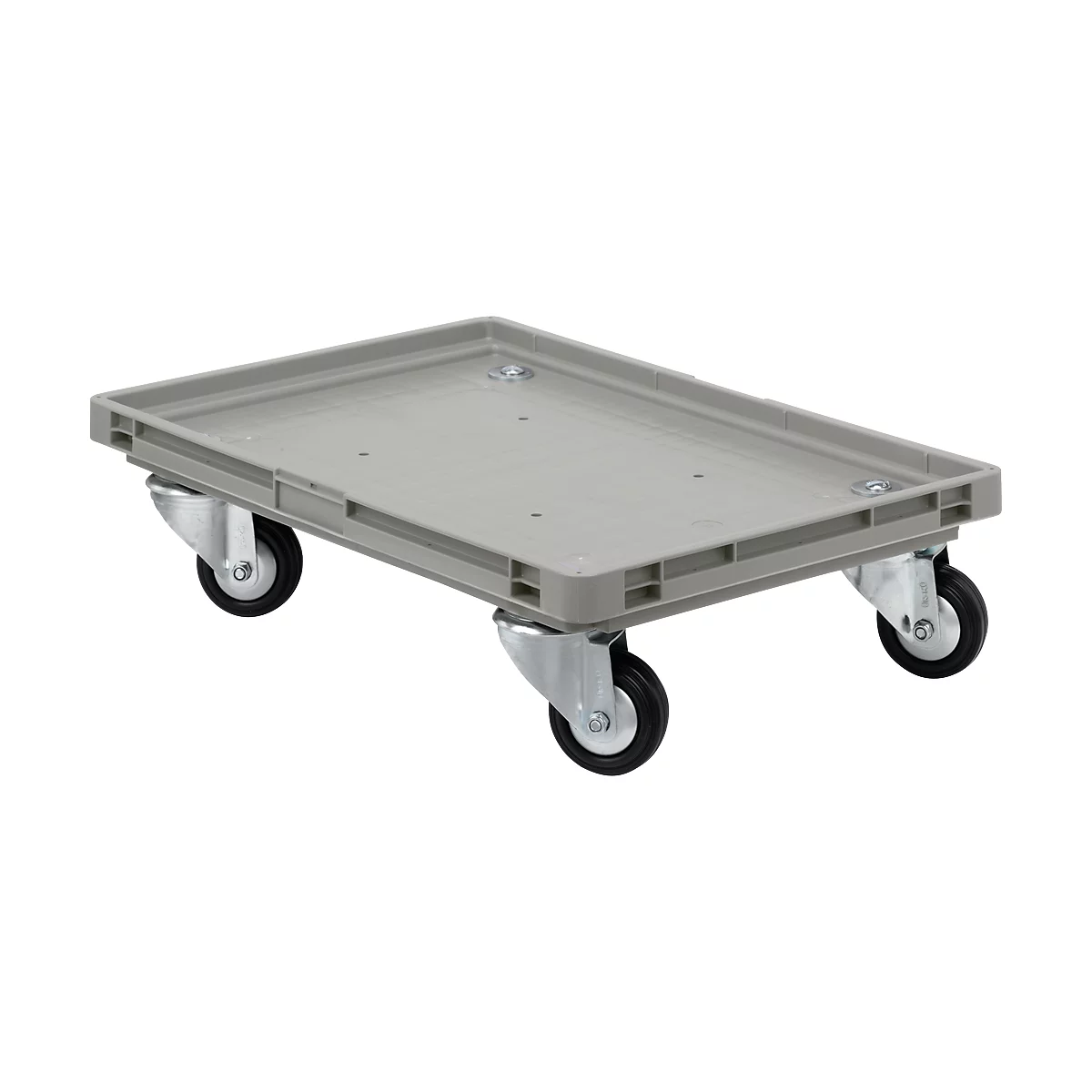 Grey transport box with four wheels. Rectangular shape, slightly raised.