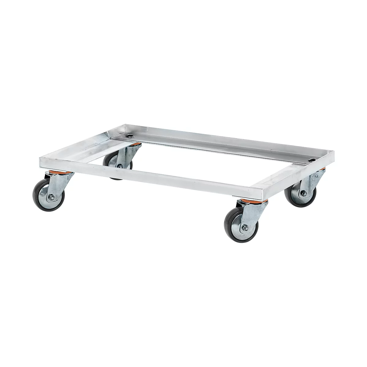 A rectangular cart made of silver-colored metal with four wheels, suitable for loads.