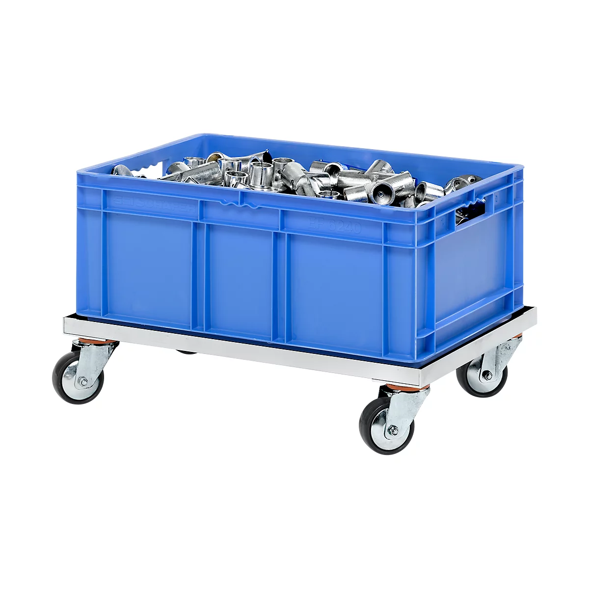 Blue transport box with tools on a trolley.