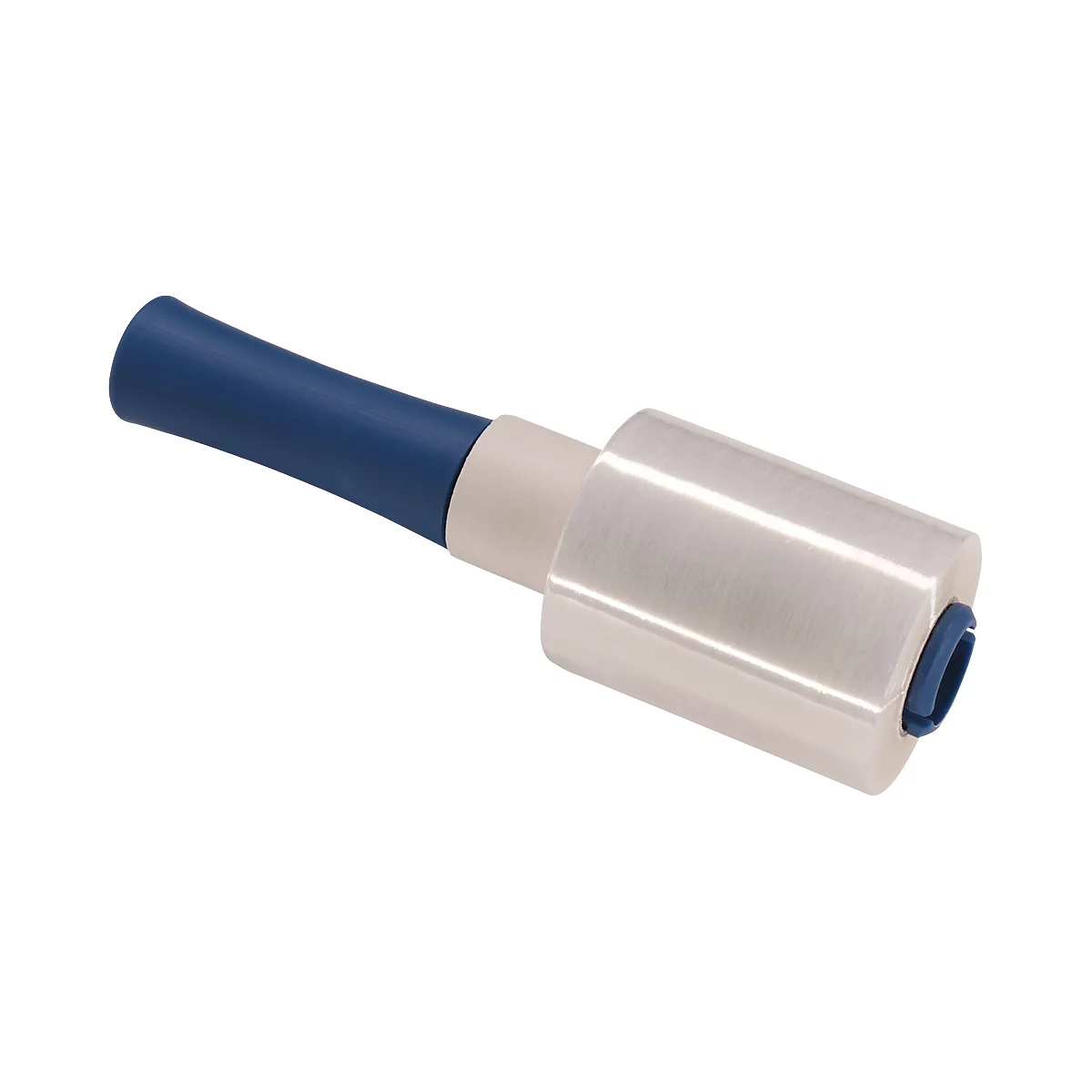 Handheld wrapping roller with blue handle and transparent film for packaging.
