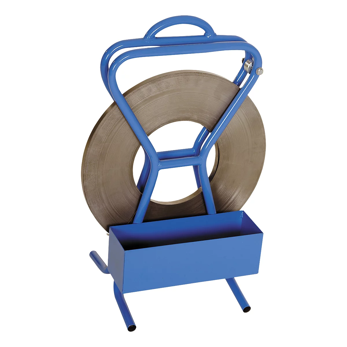 Blue tape stand with a gray metal roll. The carrying handle transitions to the holder at the top.