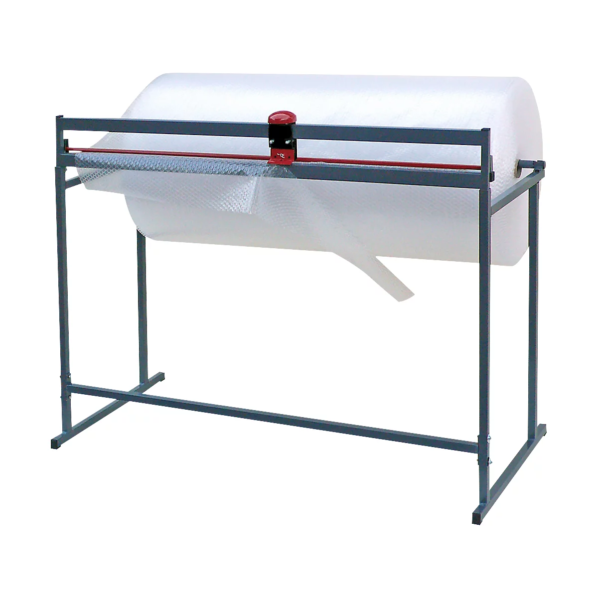 Bubble wrap dispenser with gray frame, red cutting device, and a roll of bubble wrap.