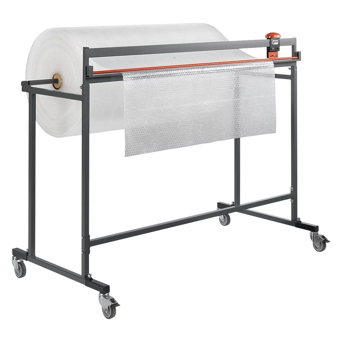 A gray roll cutting table with a roll of bubble wrap. A piece of foil is hanging down.