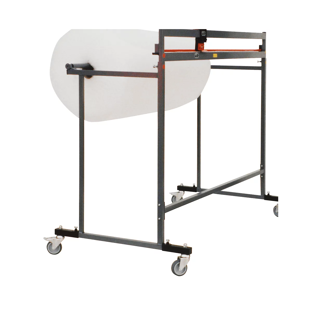 Gray paper roll holder with a white paper roll, on wheels. A gray cutter is on the top.