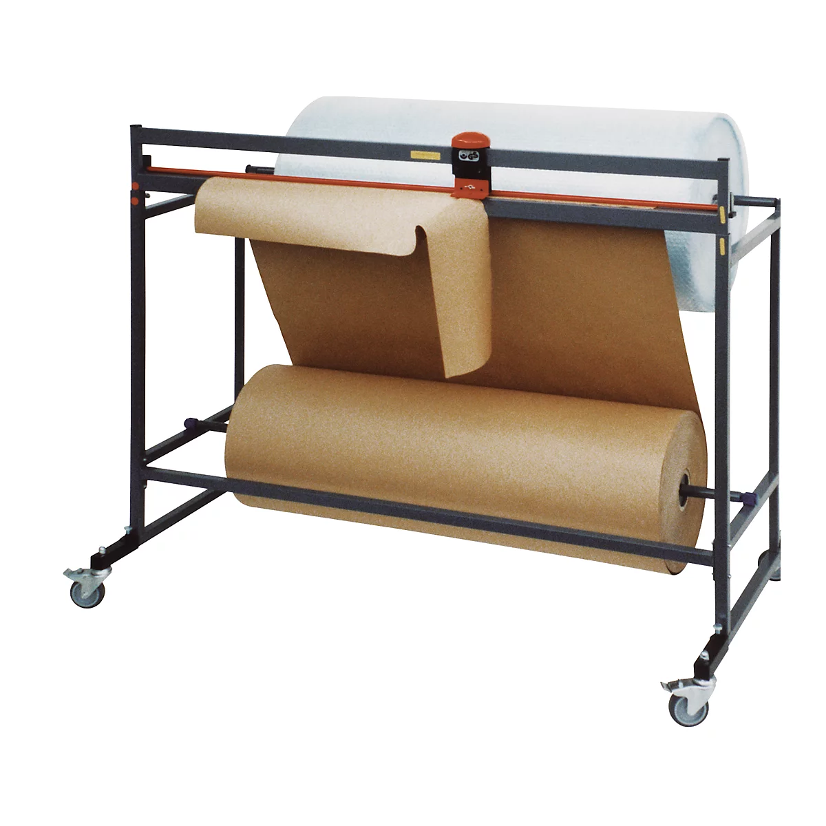 Paper cutting table with brown paper roll below and white paper roll above. The table has wheels for mobility.