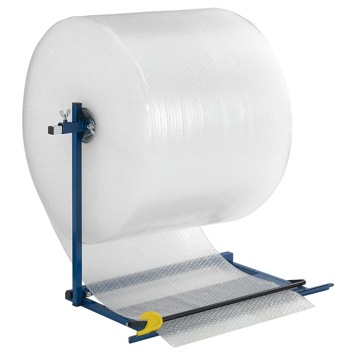 A large roll of bubble wrap on a blue roll holder, the wrap is being unrolled.