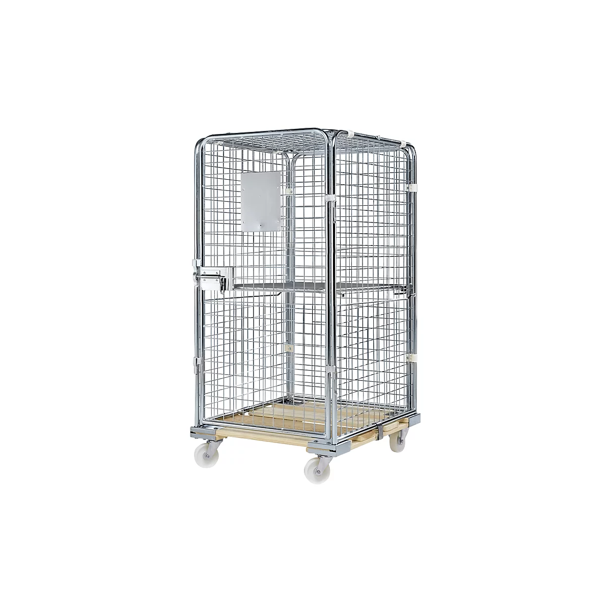 Metal cage trolley on wheels. Interior with wooden floor, door with lock. A small sign is attached.