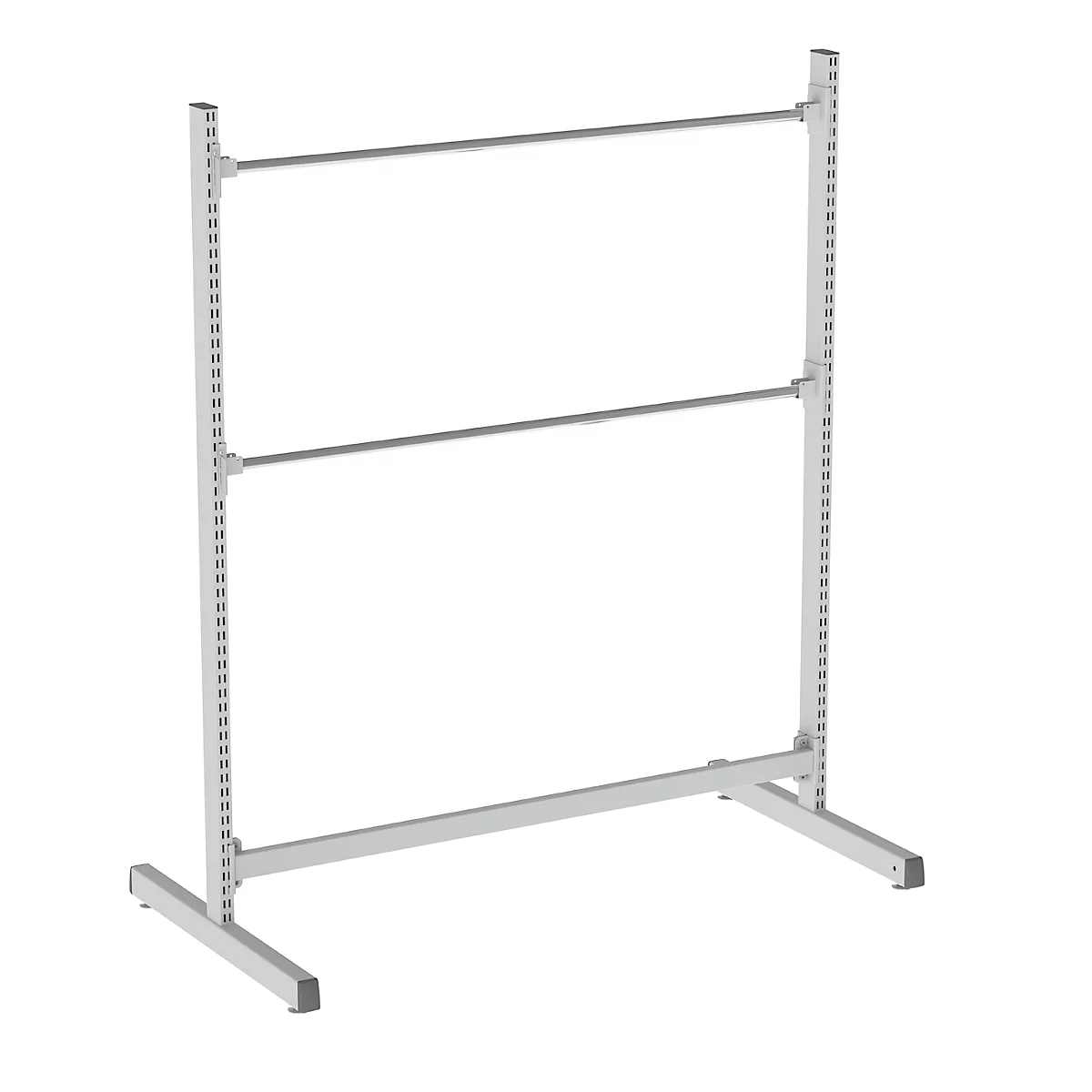 A free-standing, silver-colored clothes rack with two crossbars. The construction stands on two feet and has holes on the sides.