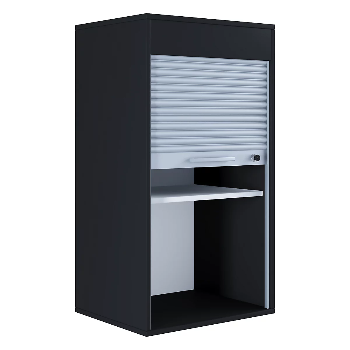 Rolladenschrank Aktos L, 2 Ordnerhöhen, abschließbar, Bügelgriff, B 500 x T 400 x H 930 mm, Holz, schwarz