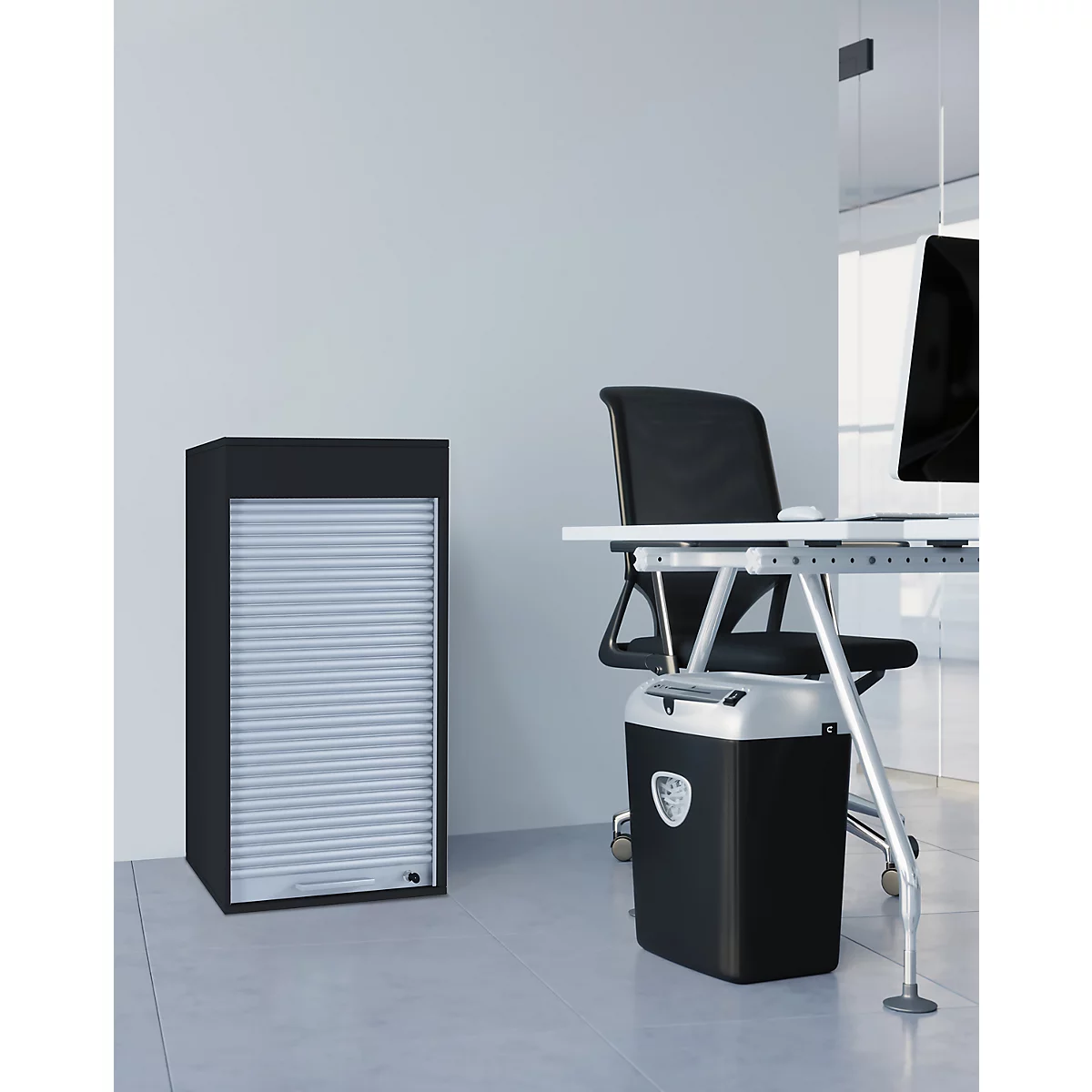 Rolladenschrank Aktos L, 2 Ordnerhöhen, abschließbar, Bügelgriff, B 500 x T 400 x H 930 mm, Holz, schwarz