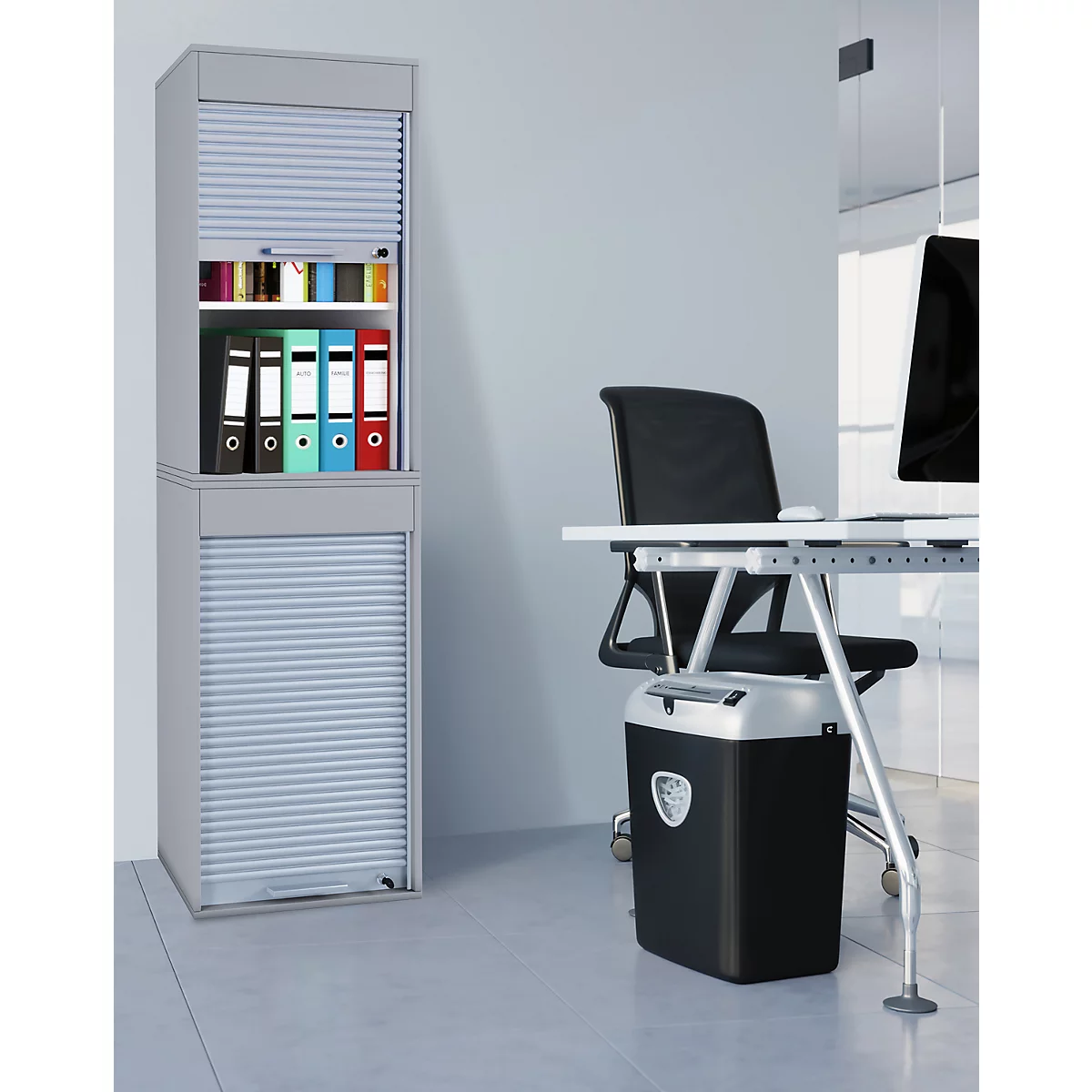 Rolladenschrank Aktos XL, 4 Ordnerhöhen, abschließbar, Bügelgriff, B 500 x T 400 x H 1860 mm, Holz, grau