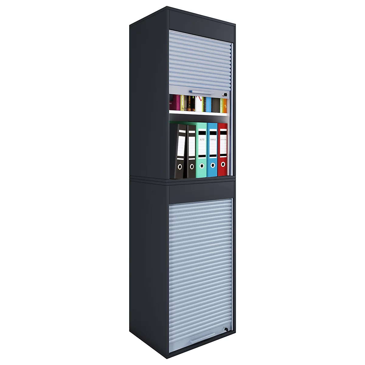 Rolladenschrank Aktos XL, 4 Ordnerhöhen, abschließbar, Bügelgriff, B 500 x T 400 x H 1860 mm, Holz, schwarz