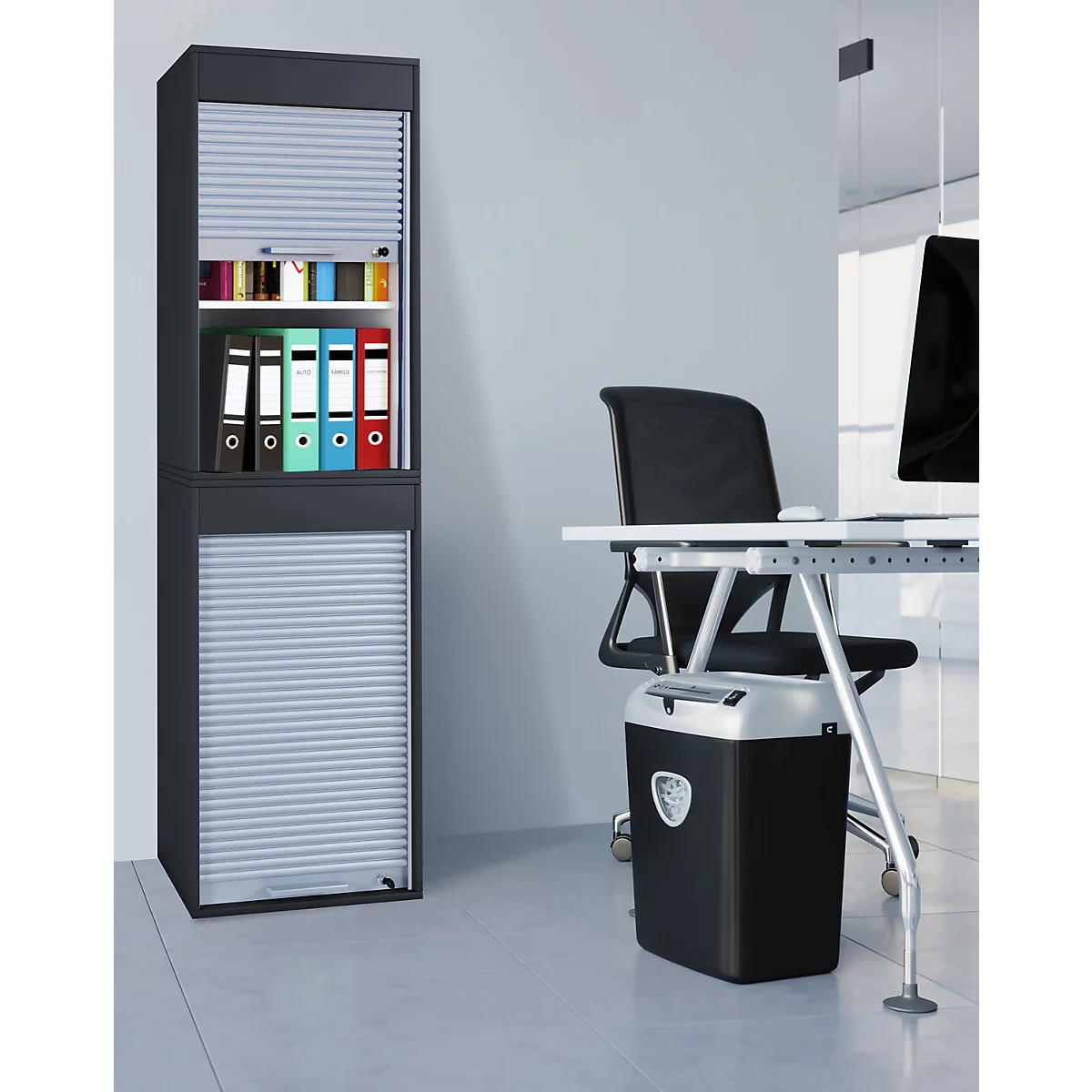 Rolladenschrank Aktos XL, 4 Ordnerhöhen, abschließbar, Bügelgriff, B 500 x T 400 x H 1860 mm, Holz, schwarz