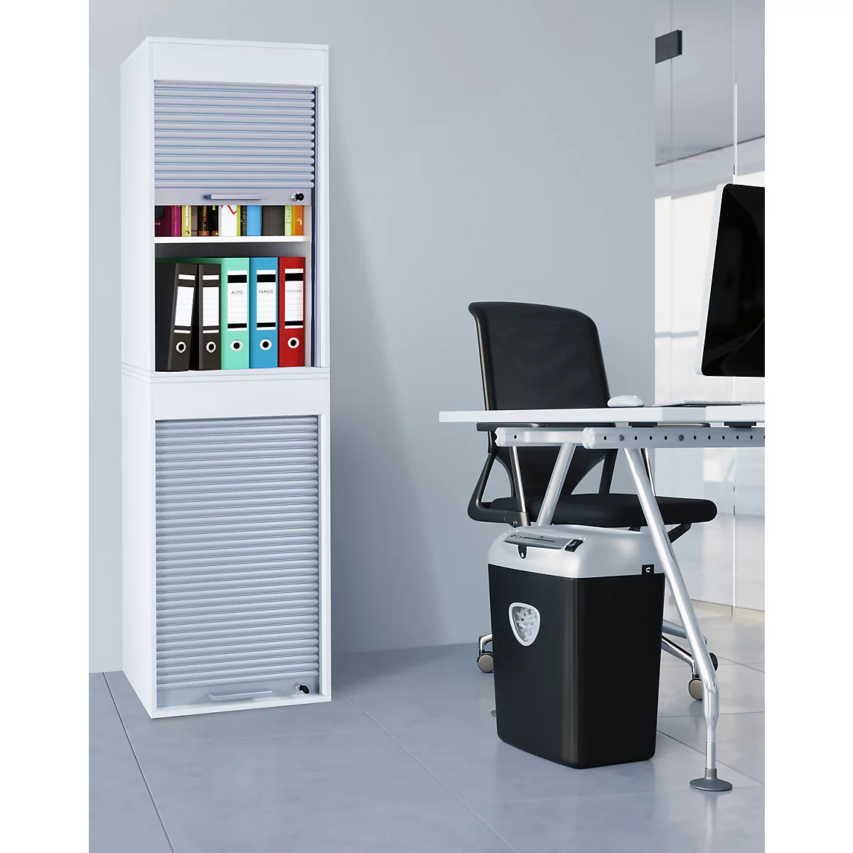 Rolladenschrank Aktos XL, 4 Ordnerhöhen, abschließbar, Bügelgriff, B 500 x T 400 x H 1860 mm, Holz, weiß