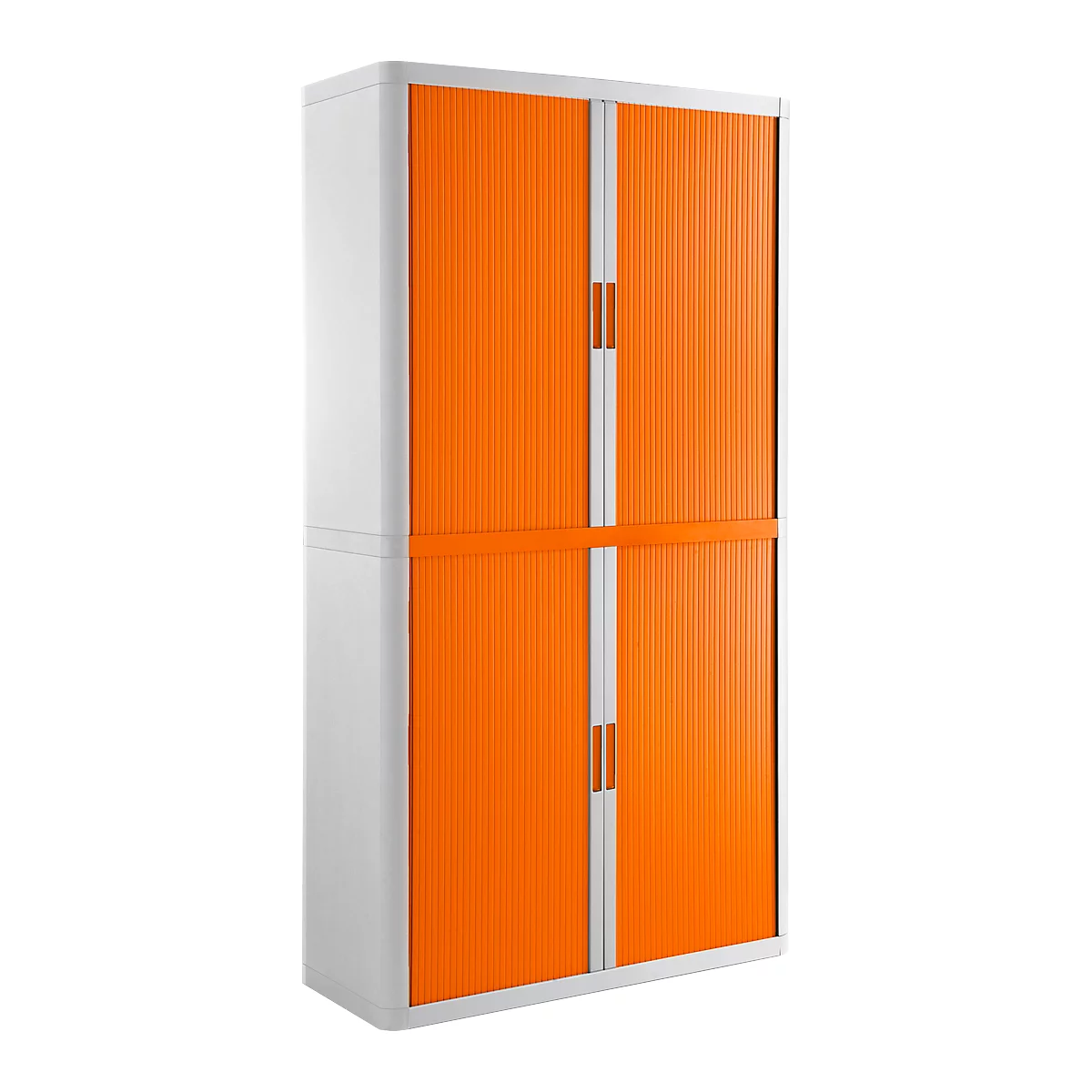 Rolladenschrank, B 1100 x T 415 x H 2040 mm, abschließbar, ohne Fachböden, High Impact Polystyrol, weiß/orange
