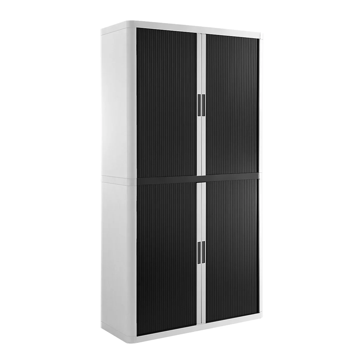 Rolladenschrank, B 1100 x T 415 x H 2040 mm, abschließbar, ohne Fachböden, High Impact Polystyrol, weiß/schwarz