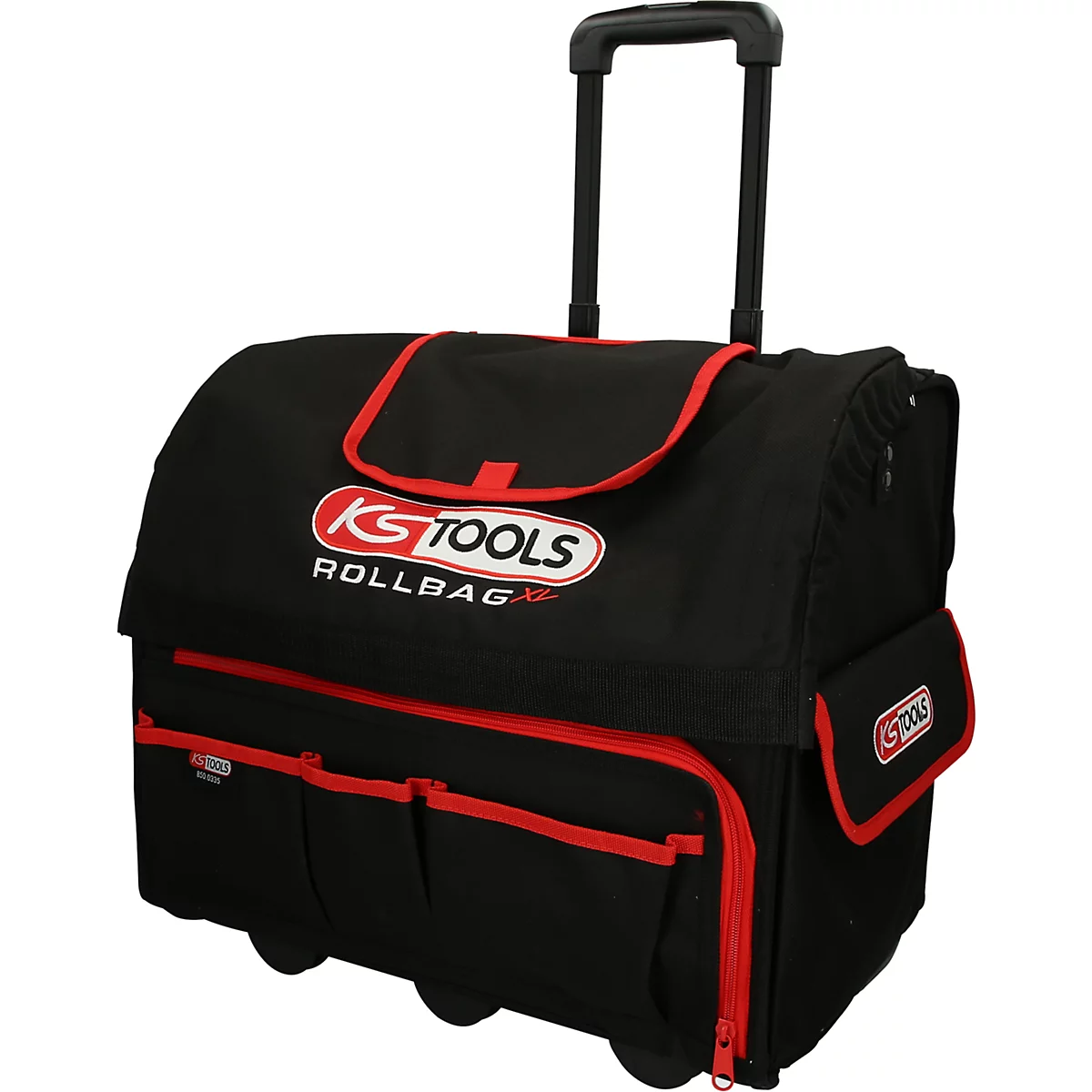 Schwarze Werkzeugtasche mit roten Details, Rollen und ausziehbarem Griff. Aufschrift: KS TOOLS ROLLBAG.