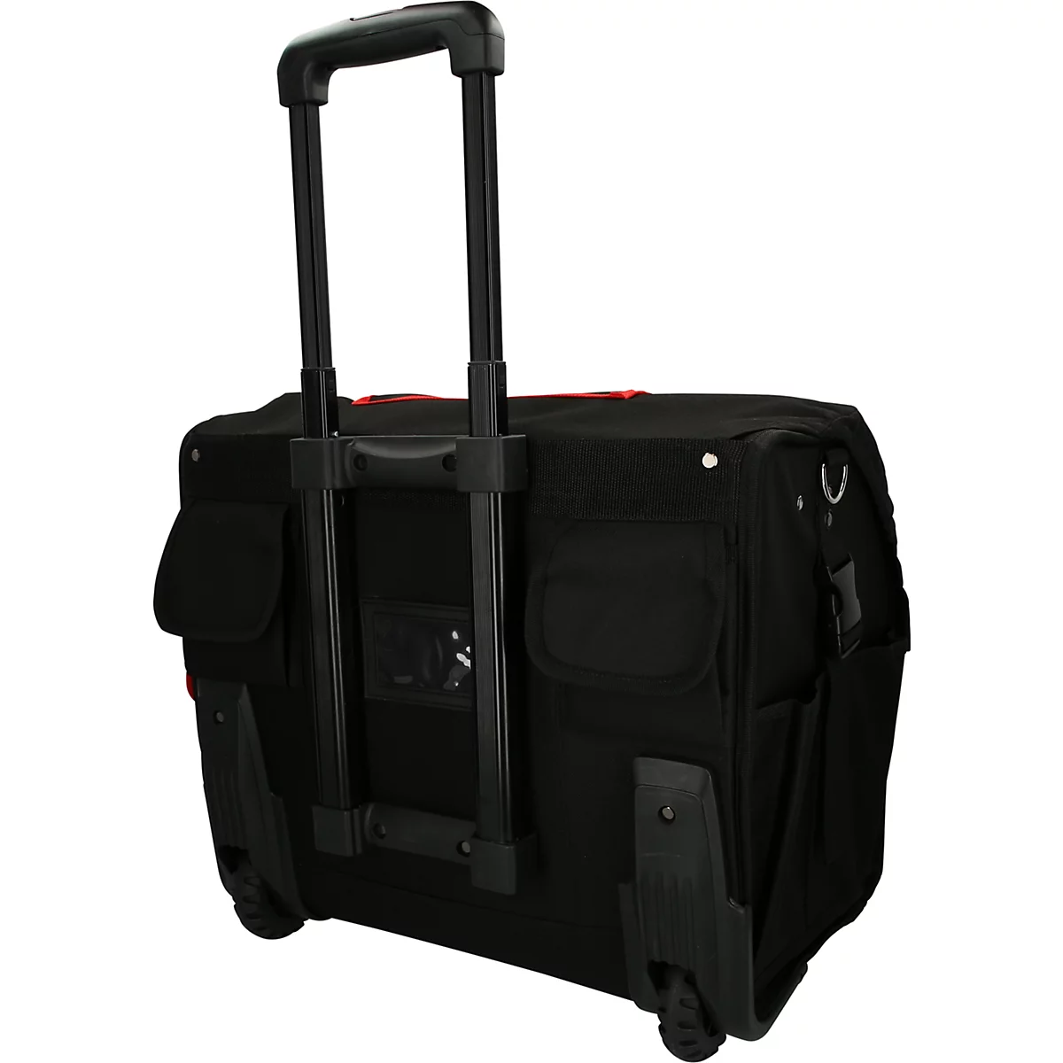 Schwarze Werkzeugtasche mit Rollen und Teleskopgriff. Mehrere Taschen und Details in rot.