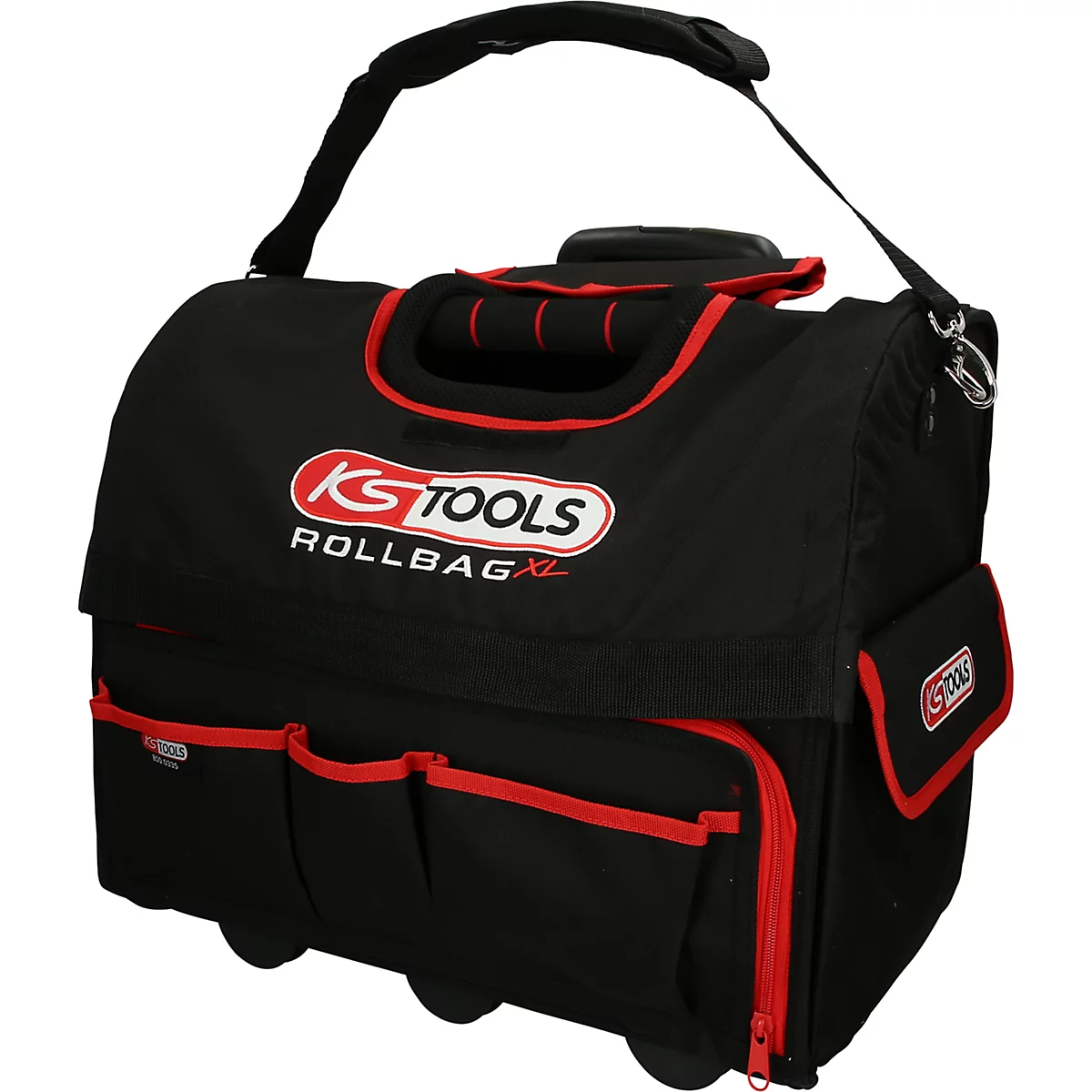 Schwarze Werkzeugtasche mit roten Akzenten, Rädern, Schultergurt und dem Logo KS TOOLS ROLLBAG XL.
