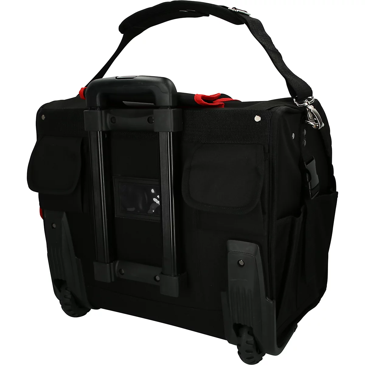 Schwarze Werkzeugtasche mit Rädern und ausziehbarem Griff. Seitliche Taschen, Tragegriff und Schultergurt.