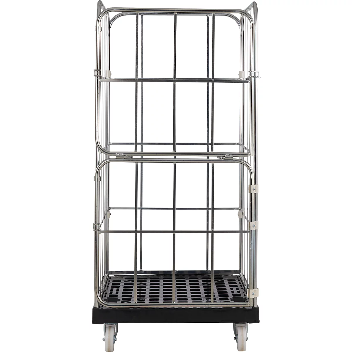 Une cage roulante métallique avec des planchers noirs, trois niveaux et quatre roues, sur fond blanc.