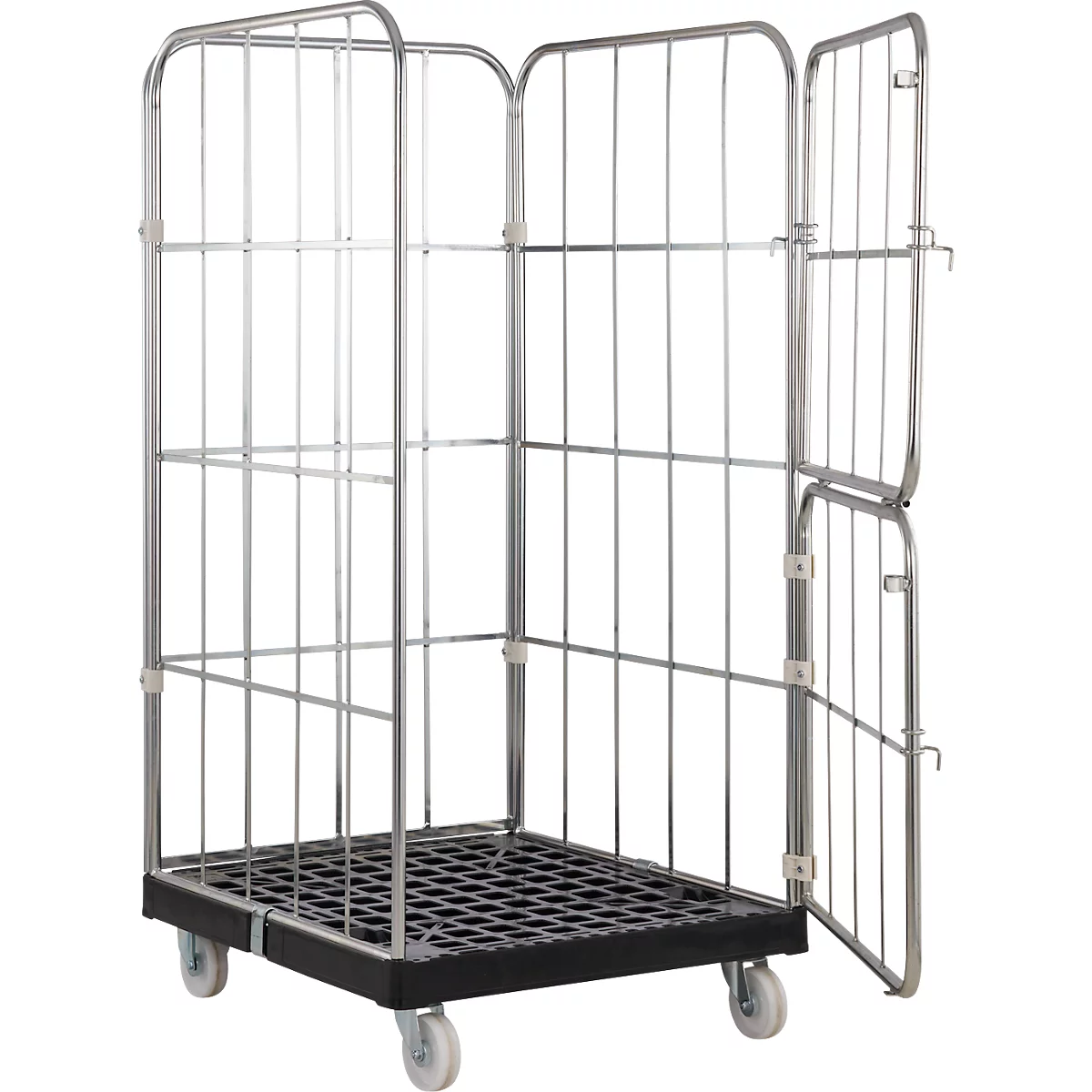 Roll container métallique ouvert à quatre roues. Structure grillagée sur les côtés et à l'arrière, une porte est ouverte.