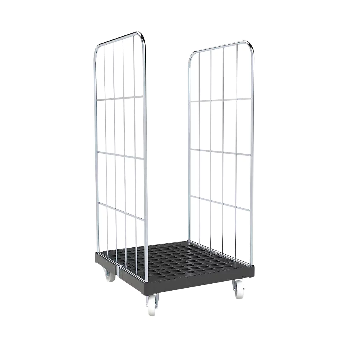 Un conteneur roulant vide sur roues. Base rectangulaire noire, parois latérales avec treillis métallique. Dans un environnement neutre.