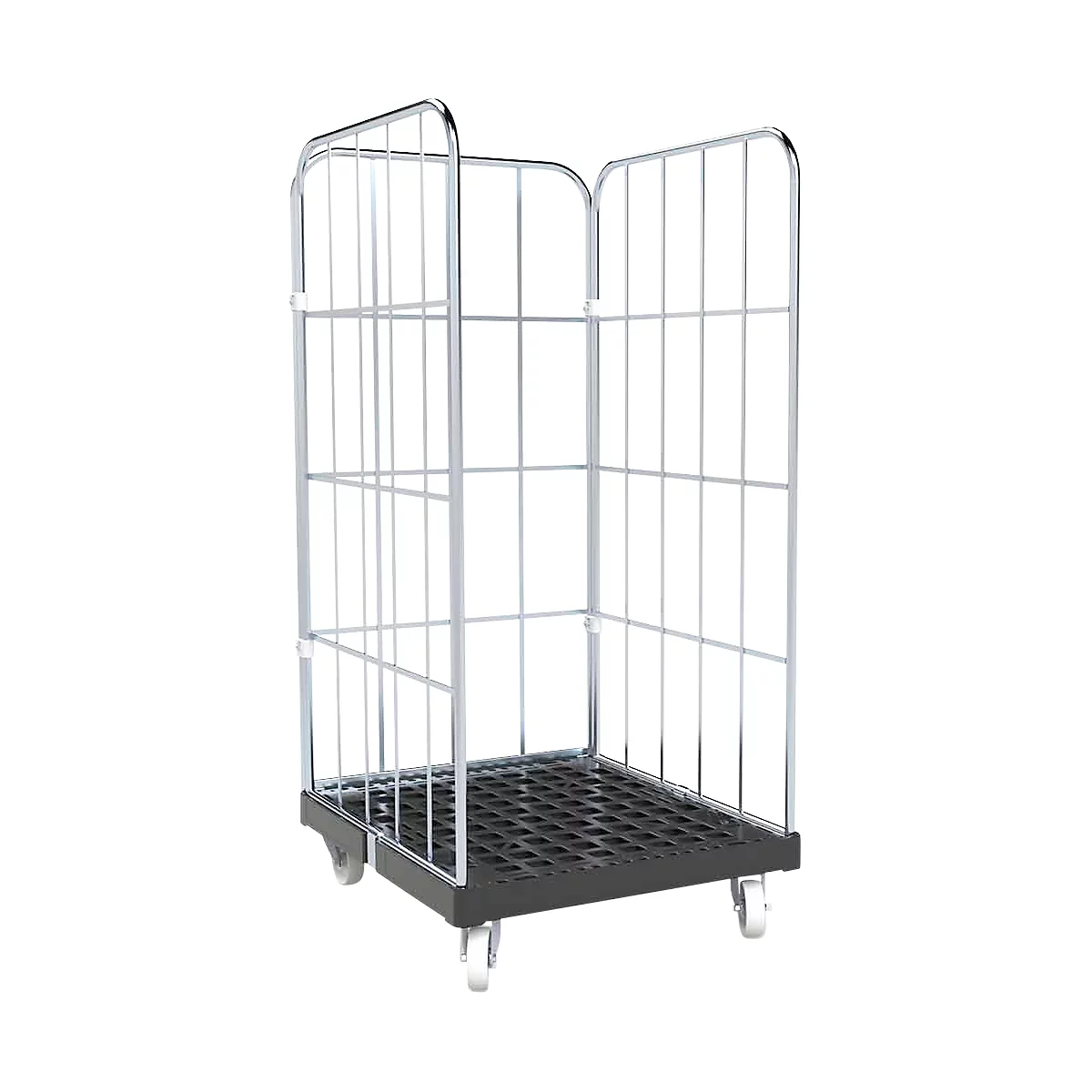 Un chariot de transport en métal vide et roulant avec une base en grille noire.