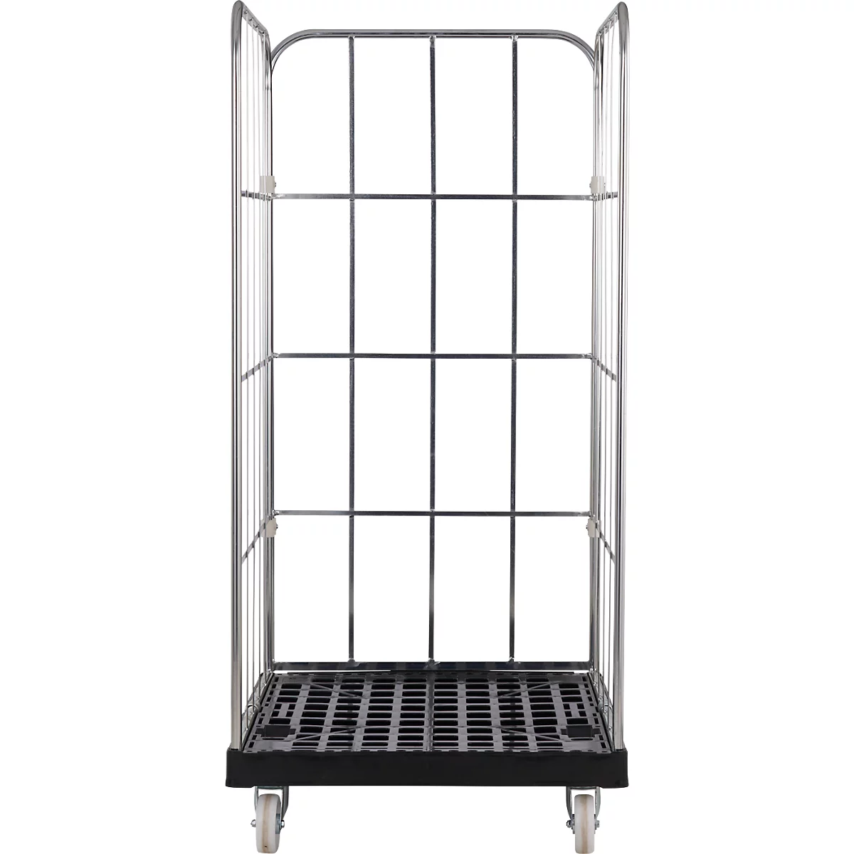 Cage roulante en métal avec structure grillagée et roulettes.