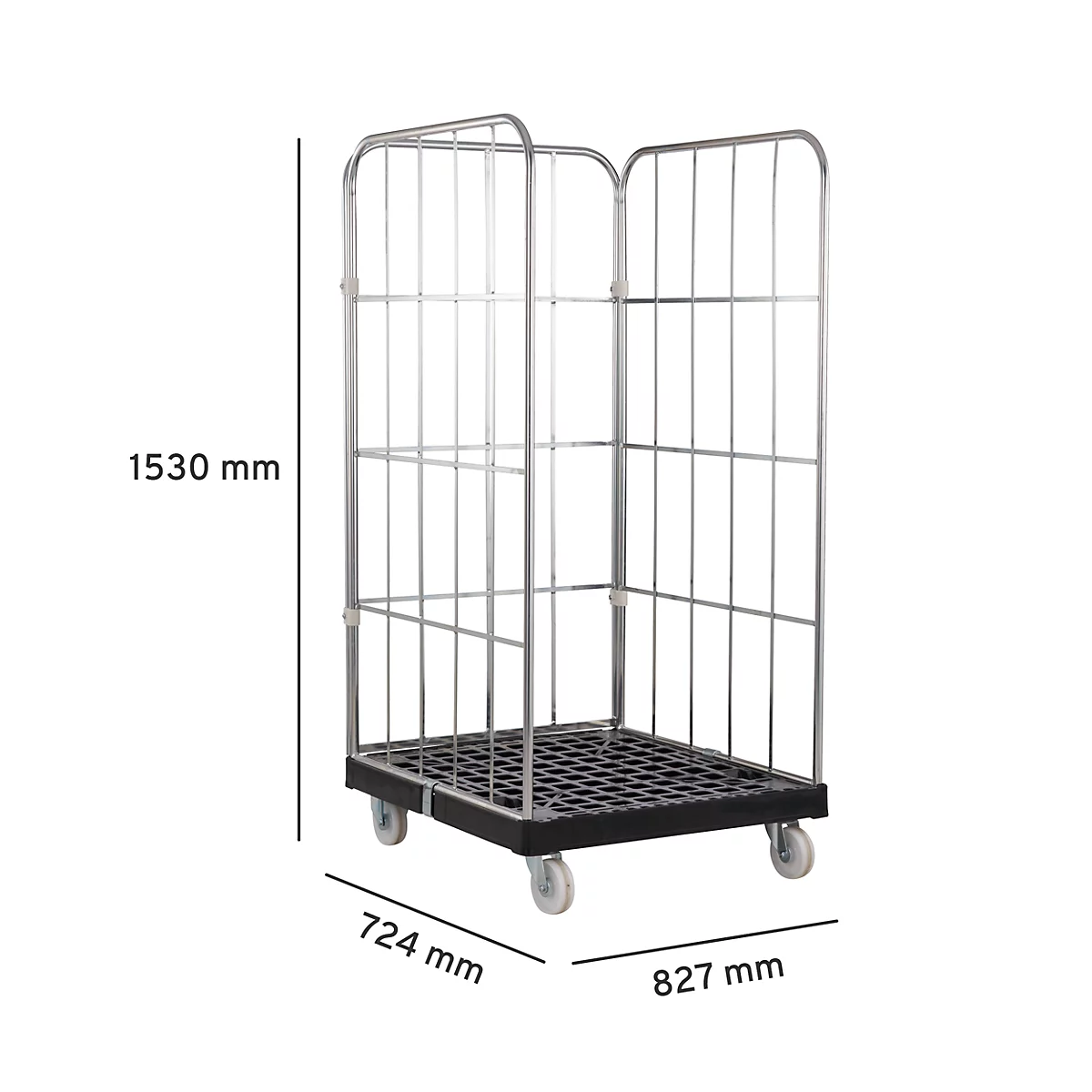Chariot roulant métallique avec dimensions : Hauteur 1530 mm, largeur 827 mm, profondeur 724 mm. Plaque plastique noire, roulettes.