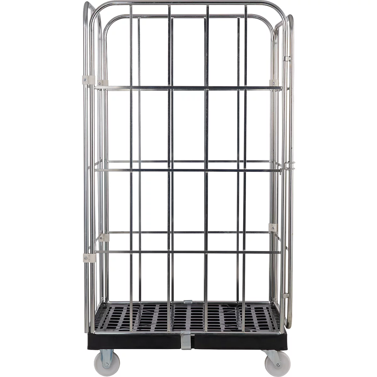Un chariot à cage métallique roulant vide, avec une base noire et des roues.