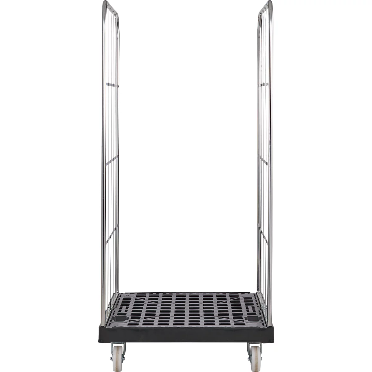 Ein leerer Rollwagen mit Drahtgitter und Rollen vor weißem Hintergrund.