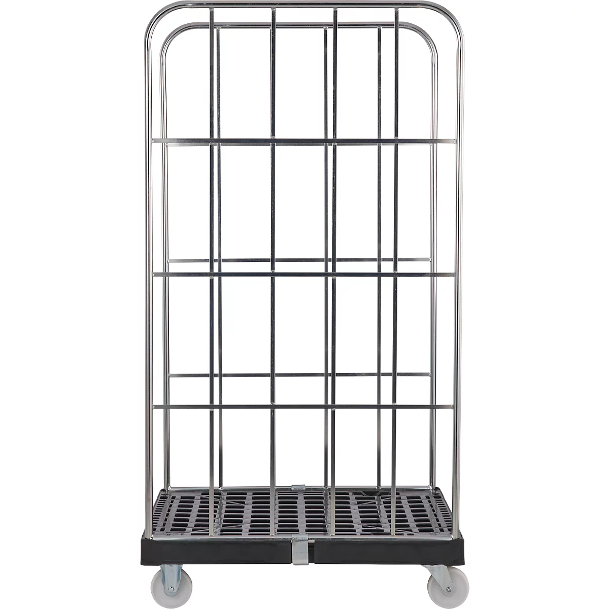 Rollcontainer aus Metall. Rahmen und Gitter in Silber, Boden in Schwarz. Auf vier Rollen.
