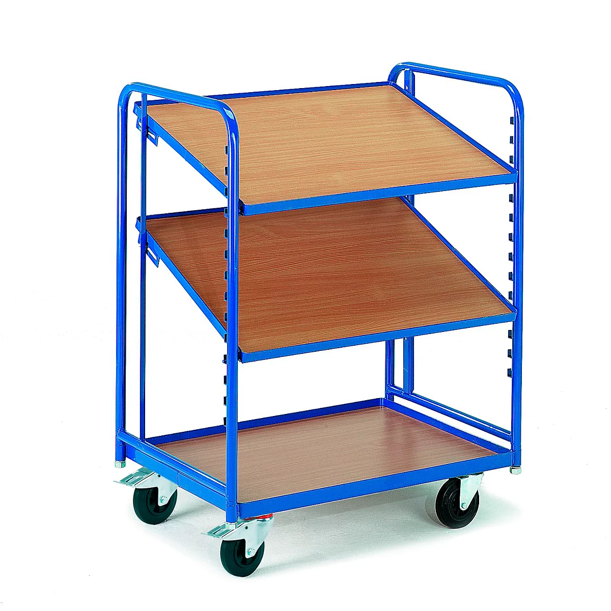 Blue serving cart with wooden shelves, four wheels, on a white background.