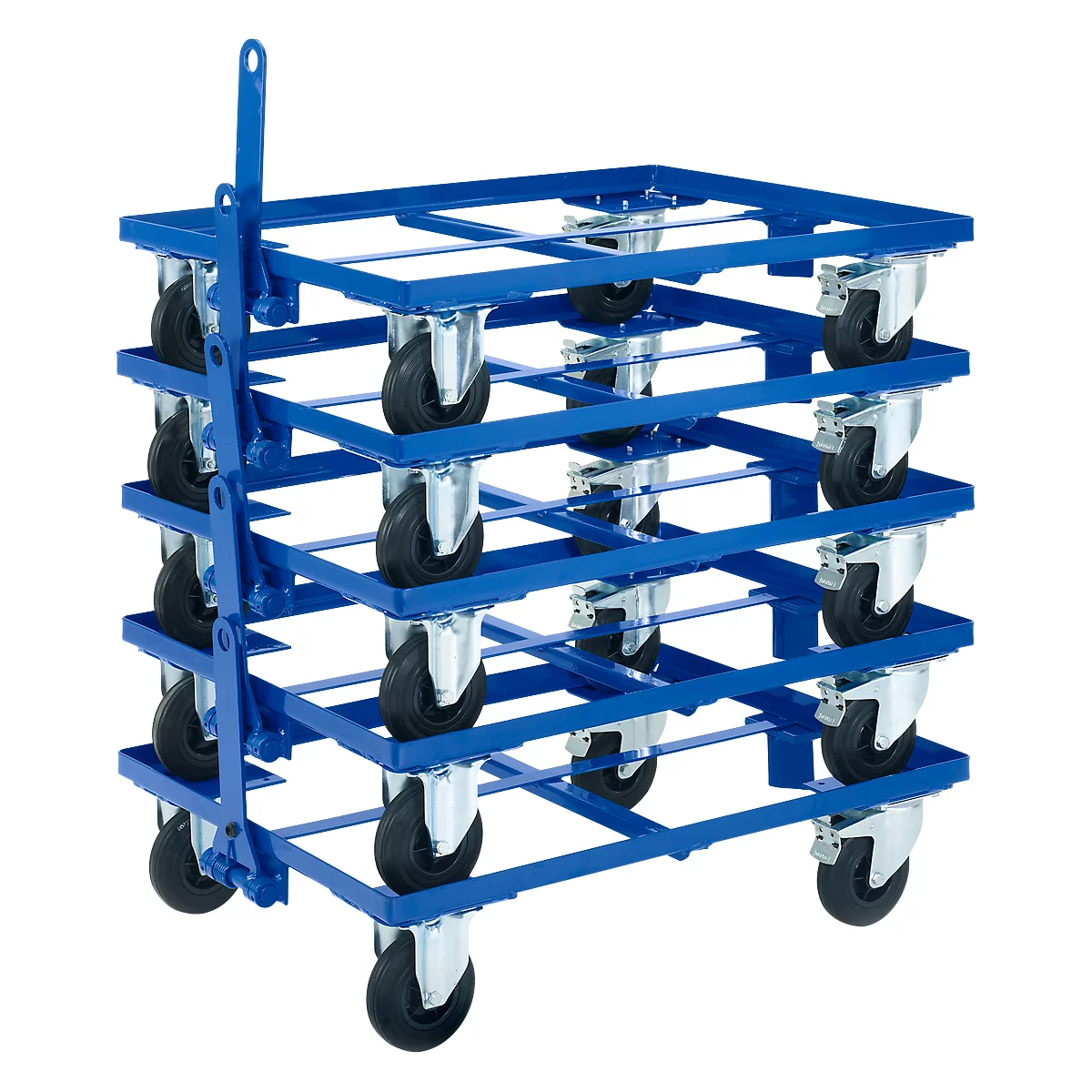 Blauer Transportwagen mit Rädern, mehrstöckig. Metallrahmen, schwarze Räder.