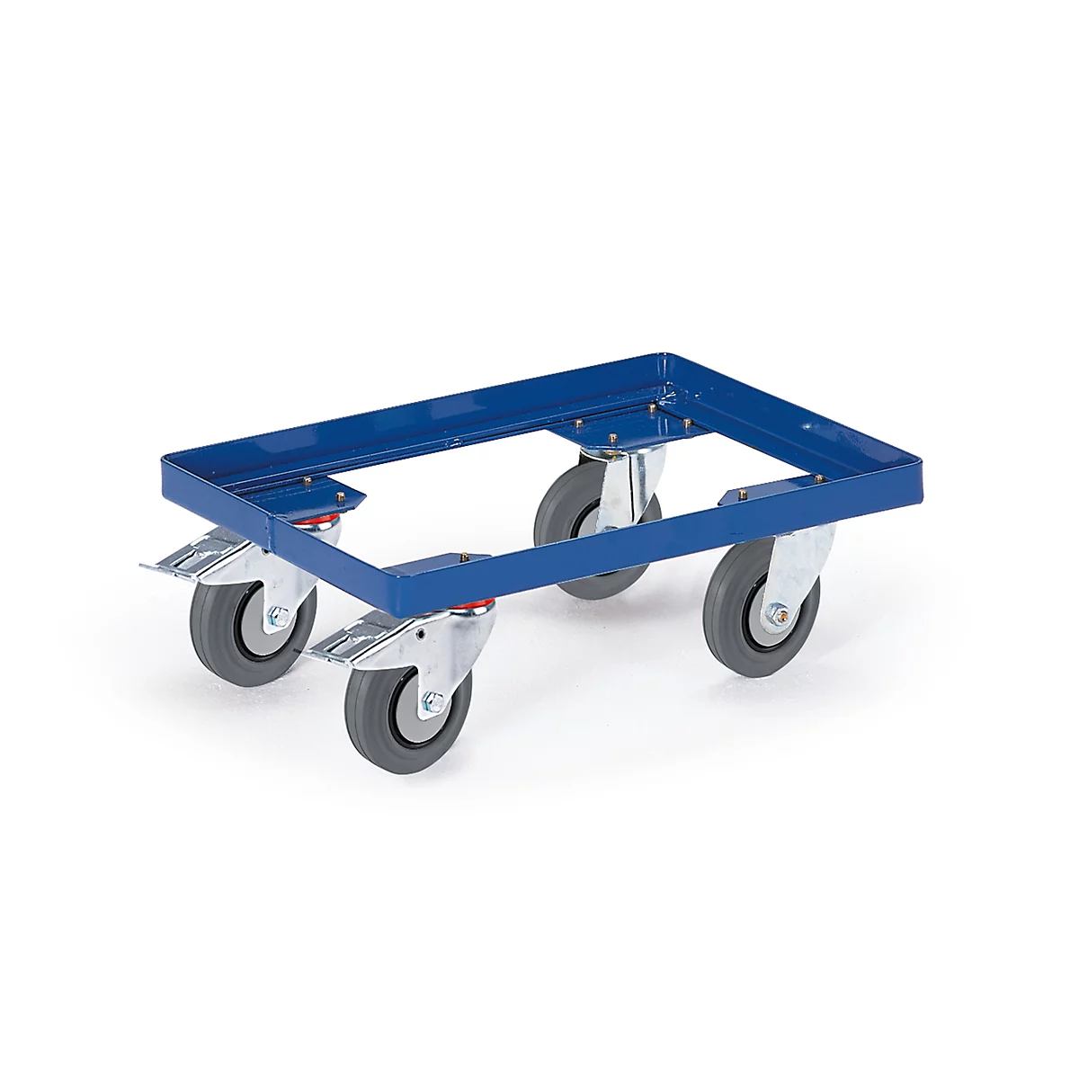 Blauer Rollwagen mit vier grauen Rädern. Auf weissem Hintergrund.