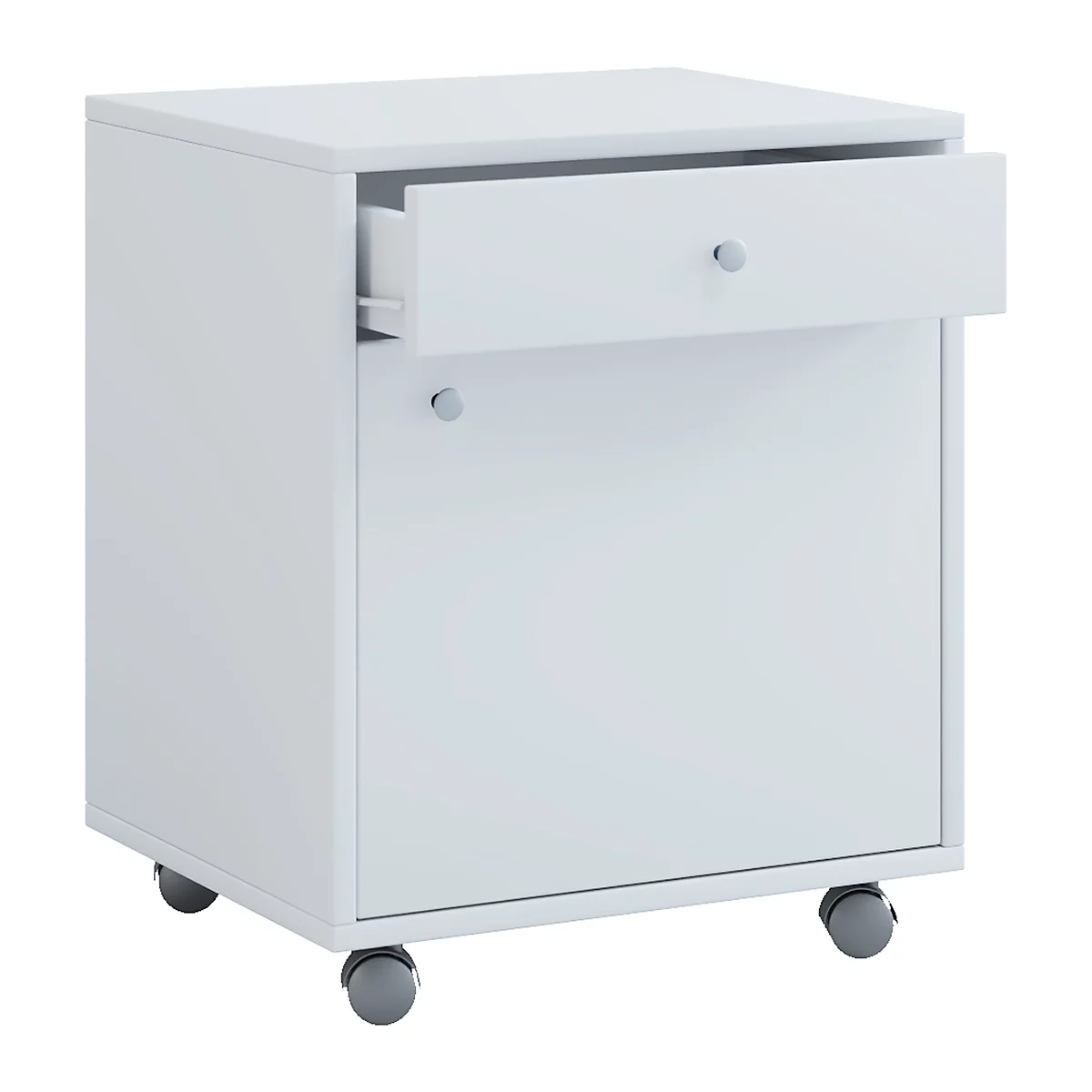 Rollcontainer, 1 Schubfach & 1 Türfach, B 450 x T 380 x H 540 mm, Spanplatte weiss mit Holzstruktur-Nachbildung