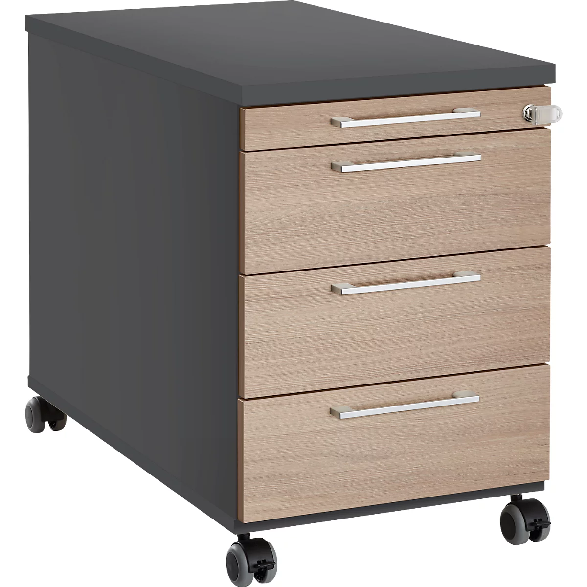 Rollcontainer 1333, 3 Schübe & 1 Utensilienauszug, abschließbar, eckige Griffe, Holz/Stahl/Kunststoff, B 434 x T 600 x H 613 mm, graphit/Eiche